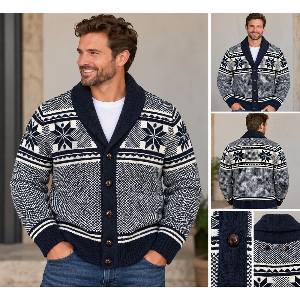 Buffalo Jeans Cardigan Fair Isle Snowflake Navy Blue Wool Blend Winter Large